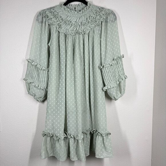 Zara Kids Girls Soft Green Swiss Dot Short Sleeve Ruffle Tiered Dress Size 10 - Picture 1 of 8